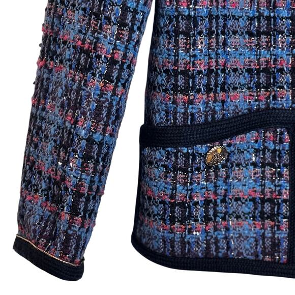 Sandro Women’s Tweed Bouclé Jacket M Blue Plaid Gold Buttons Preppy Classic Chic - Picture 6 of 14